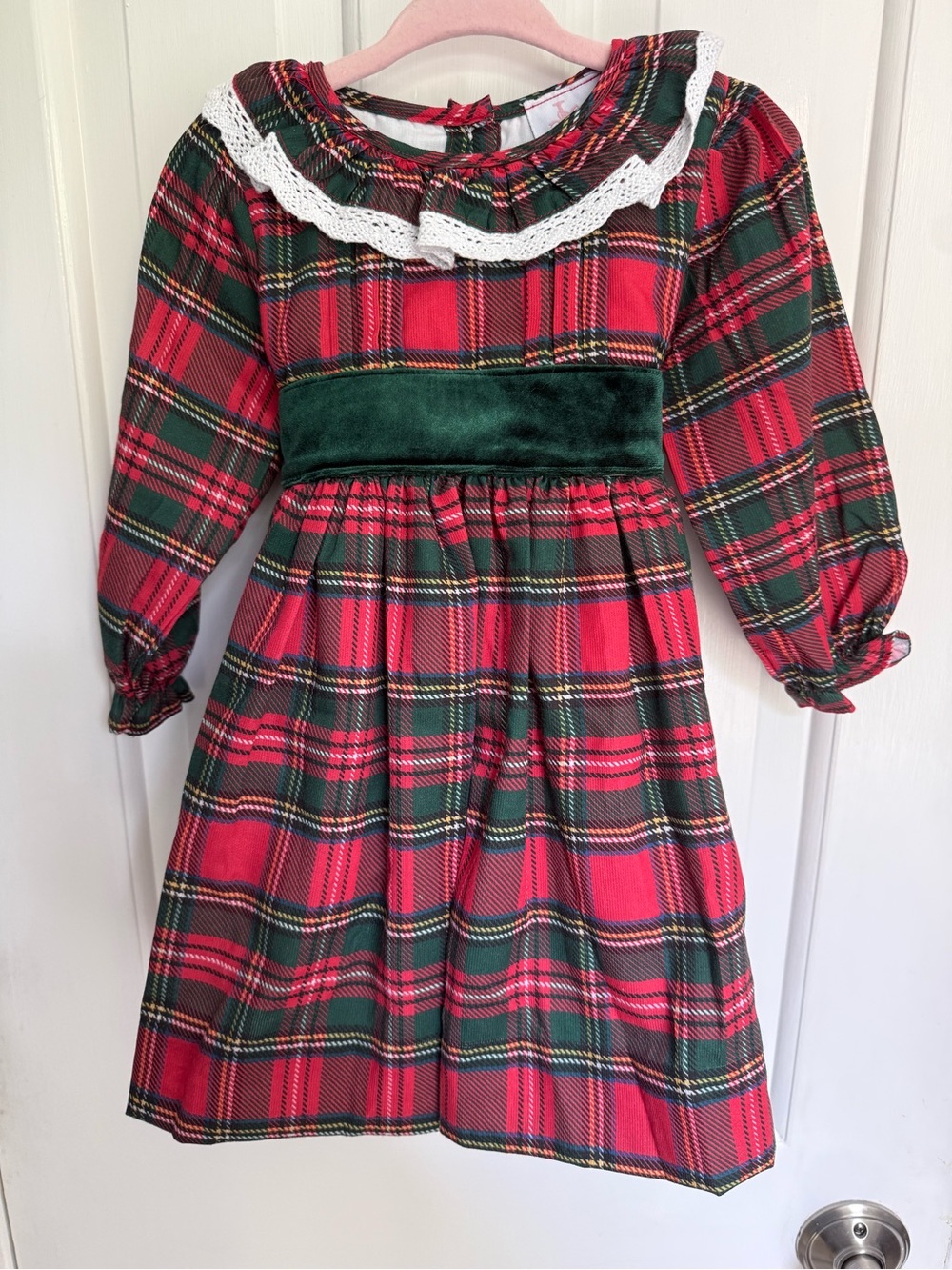 Girls Red & Green Plaid Holiday Dress with Velvet Waist